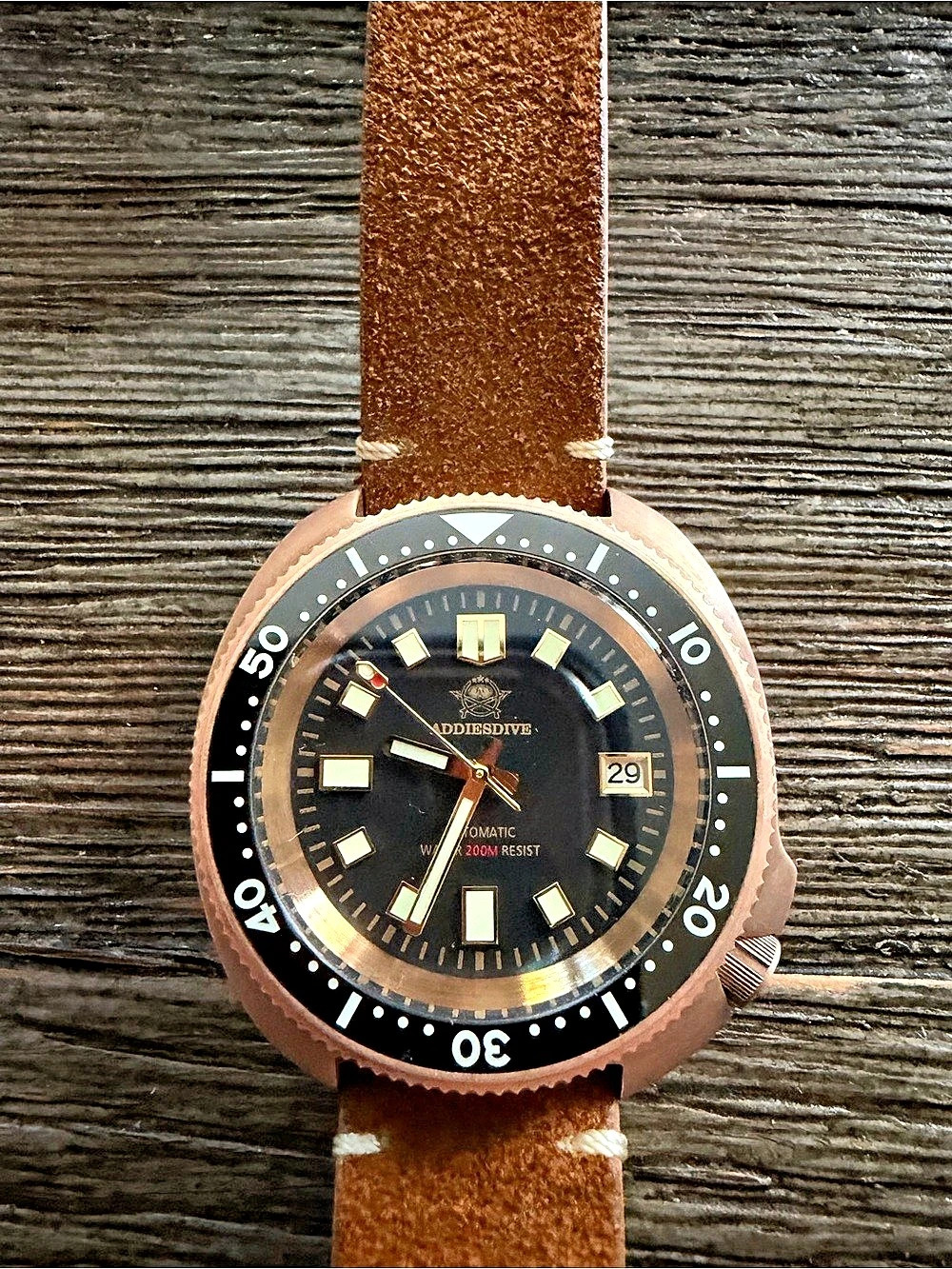 ADDIESDIVE Bronze Captain Willard Automatic Dive Watch Brown & Black With 2 Extr